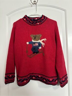 vintage 90s skiing teddy bear USA flag knit sweater Size M coastal preppy chic